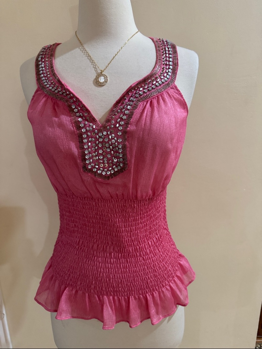 Women’s Pink Beaded V-Neck Smocked Waist Top